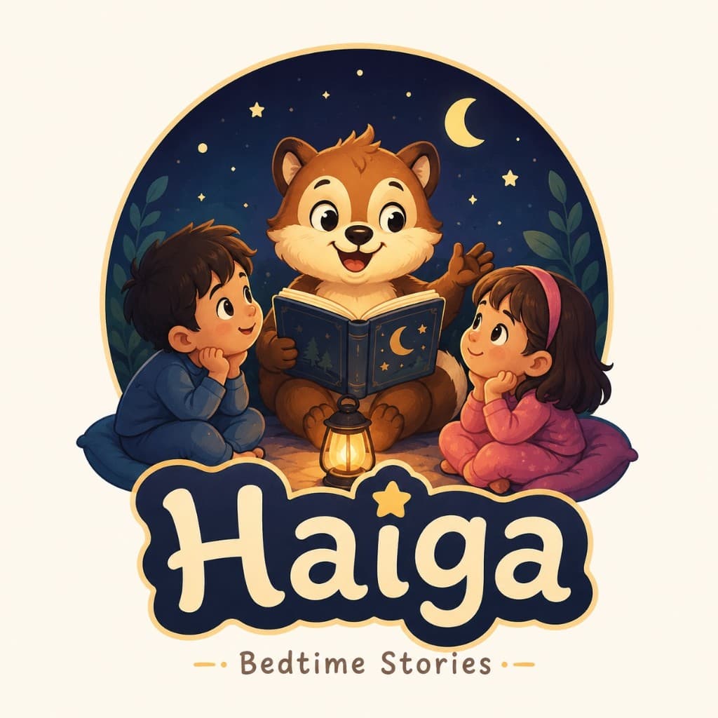 Haiga — friendly storyteller mascot reading with children under the stars